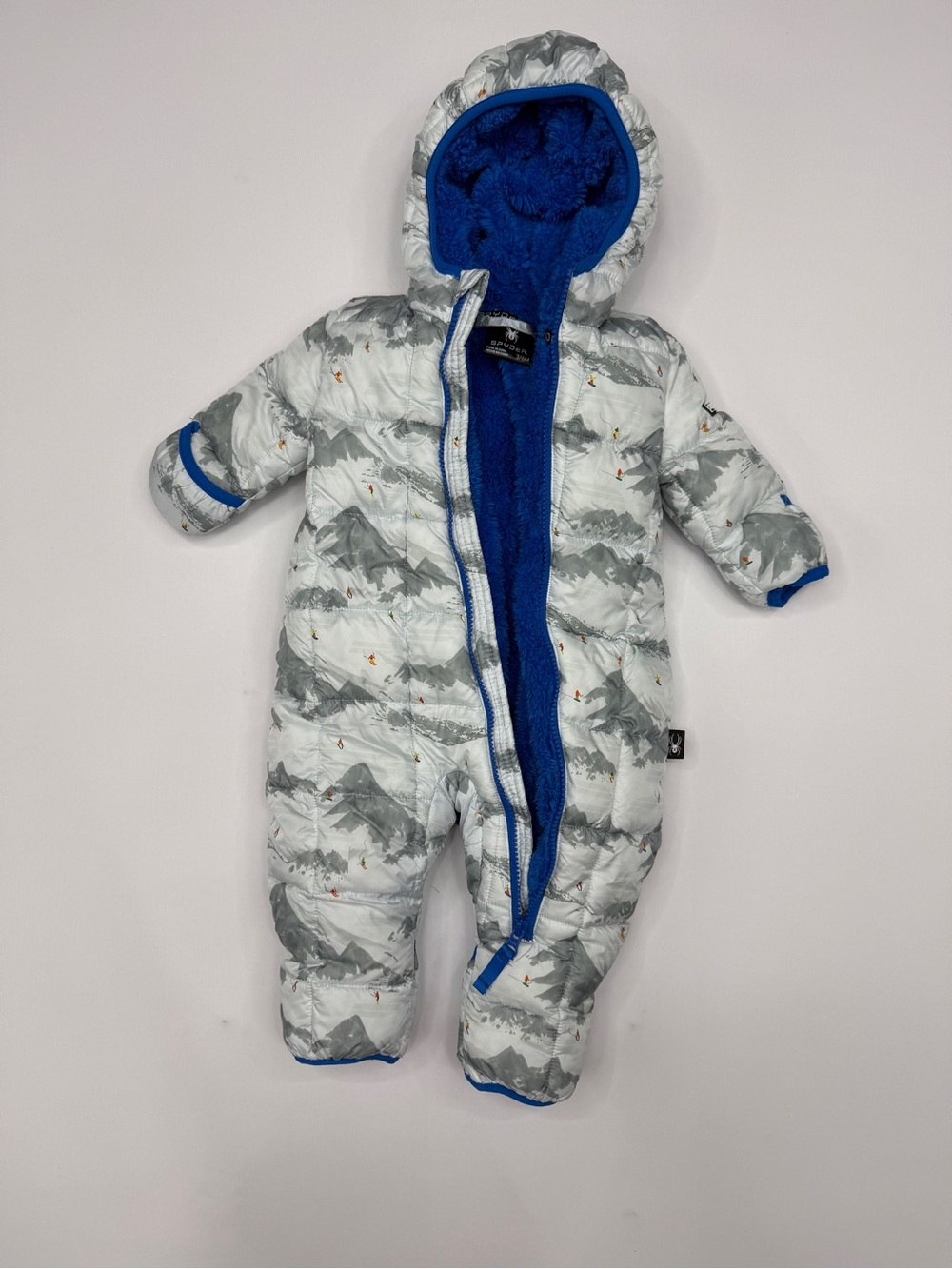 Spyder Infant Ski Mountain Print Hooded Bunting Snowsuit 3/6M Blue Sherpa Lined